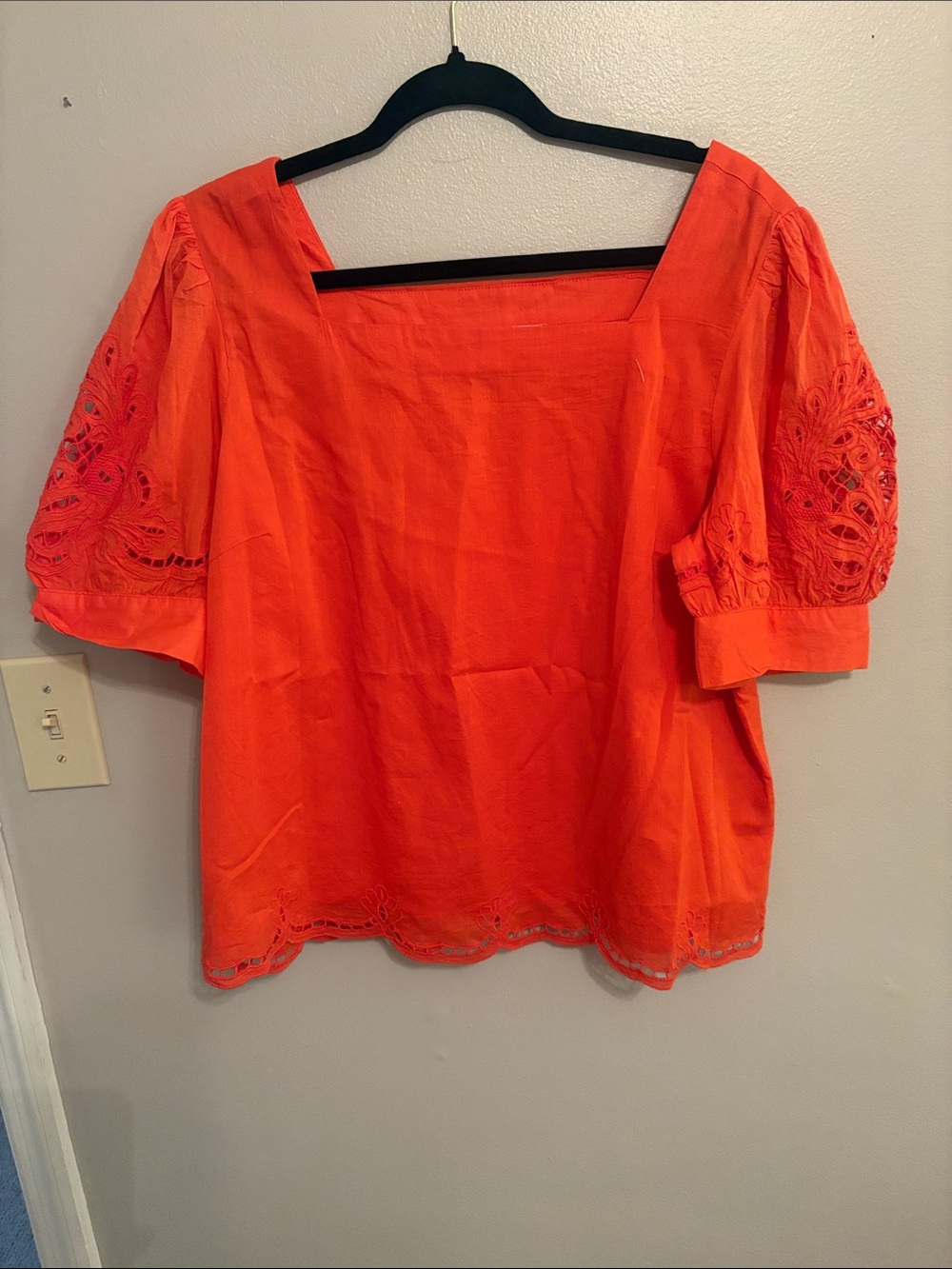 Philosophy Bright Orange Square Neck Eyelet Puff Sleeve Blouse